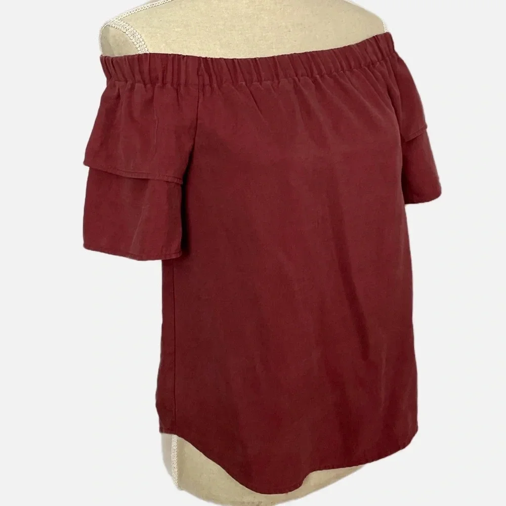 H&M Off the Shoulder Blouse Women Size 4 Burgundy‎ Ruffle Sleeve Lyocell Top - Picture 2 of 8